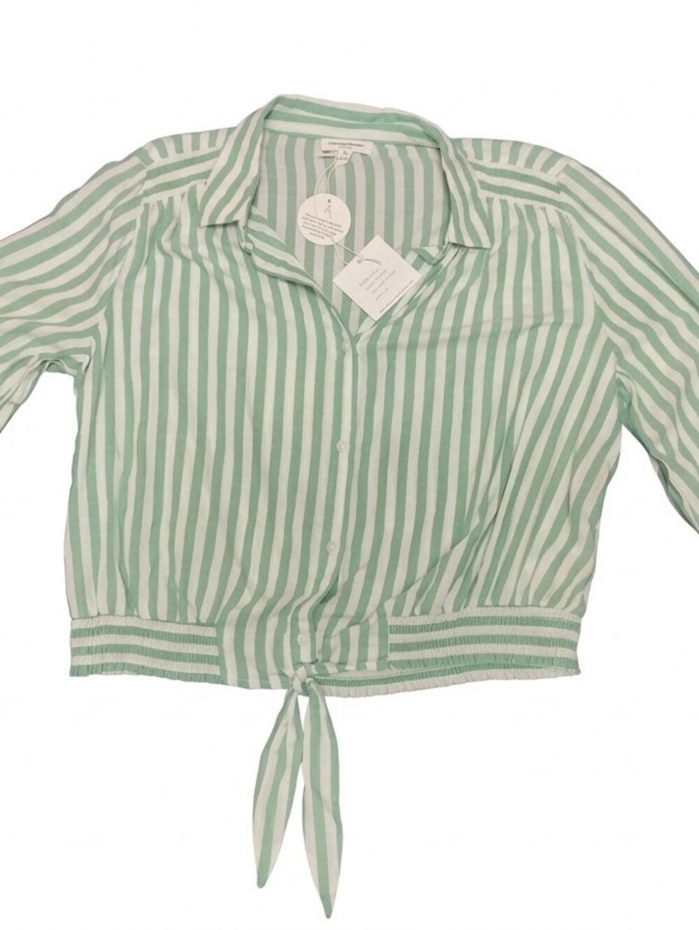beachlunchlounge Mint Green & White Striped Tie-Front Button Down Top